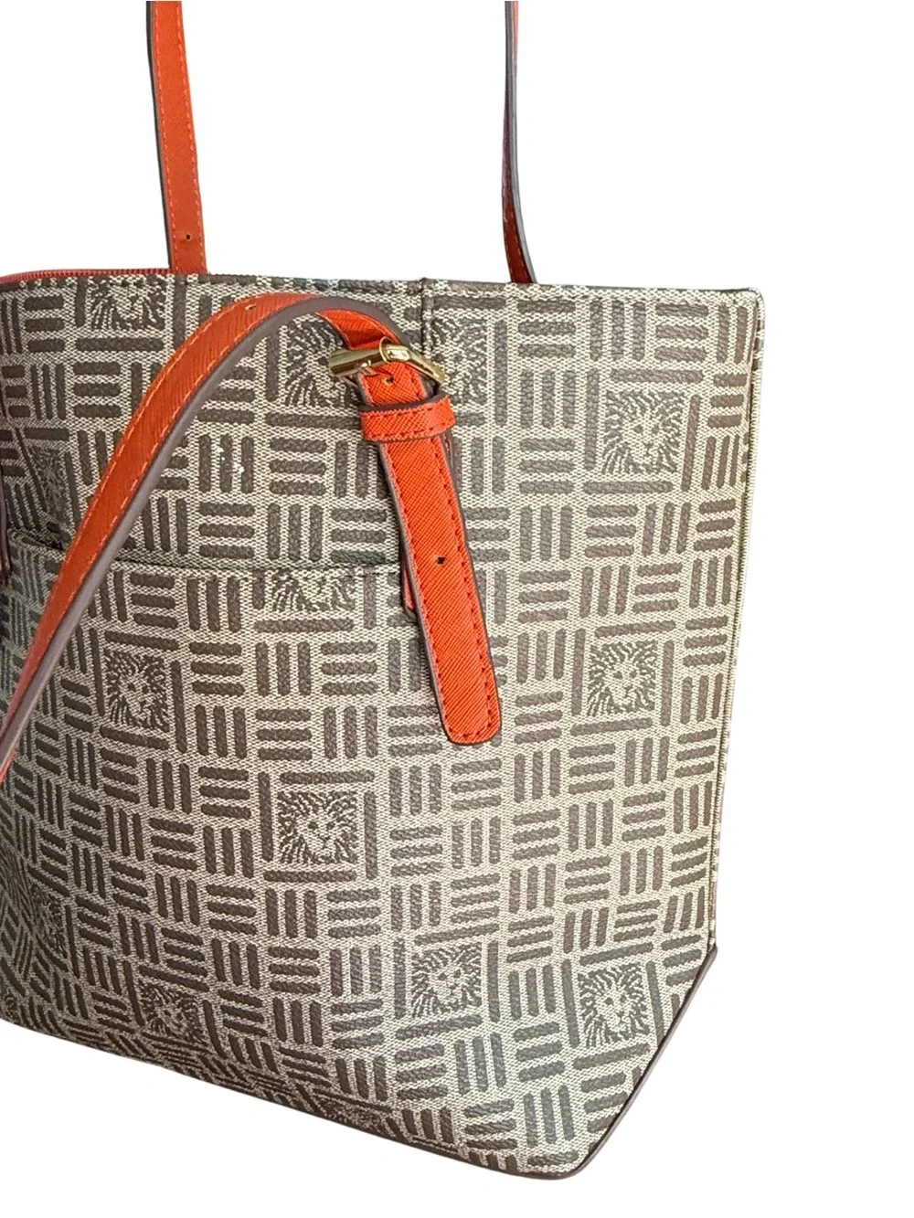 Anne Klein Brown Logo Monogram Tote Bag Orange Trim Shoulder Purse